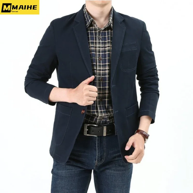 Fall 2023 Luxury Jacket for men High quality New suit collar Denim Jacket Vintage Fashion Clothing Business V-neck men\'s coat