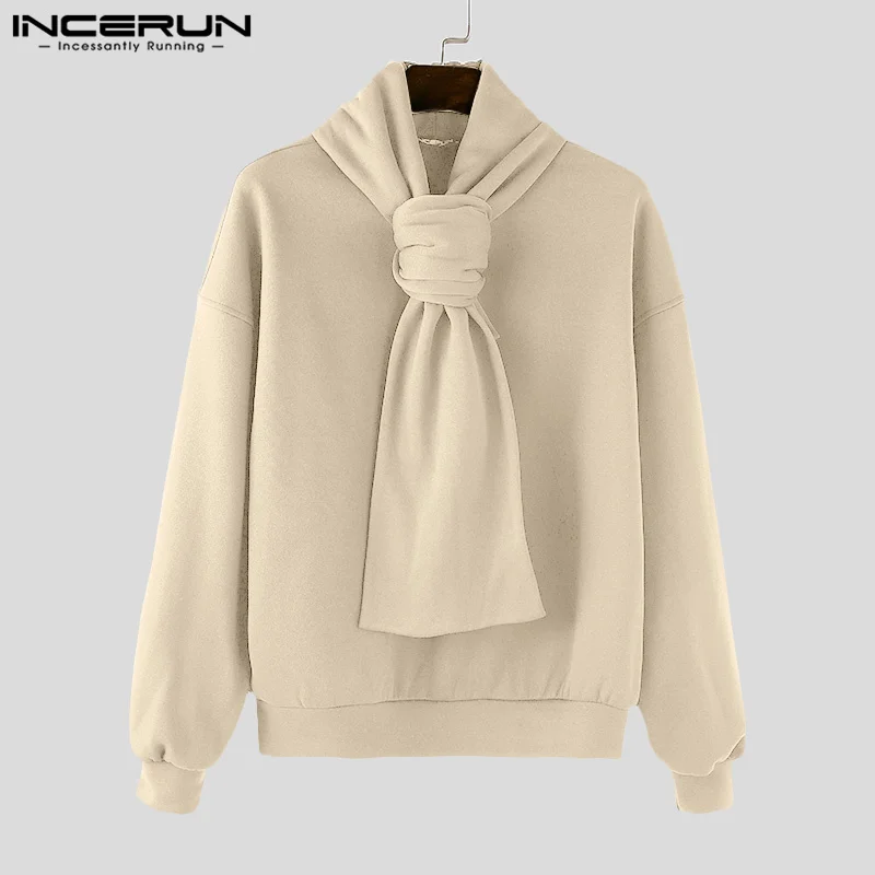 INCERUN 2024 New Men's Autumn Sweatshirts Cape Neck Tie Up Solid Color Long Sleeve Warm Pullovers Casual Stylish Hoodies S-5XL