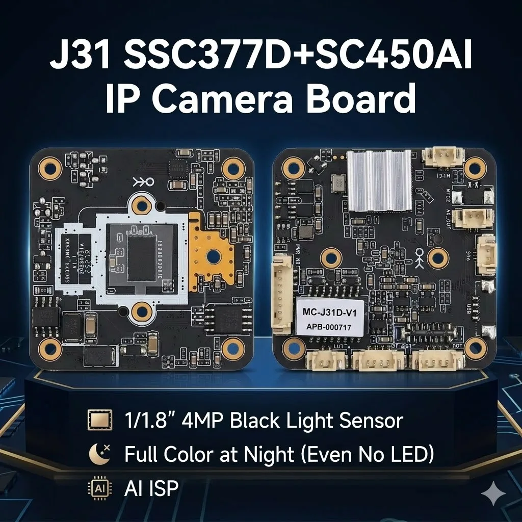 

Плата IP-камеры J31 SSC377D+SC450AI, процессор SigmaStar DSP, 1/1.8-дюймовый 4-мегапиксельный датчик черного света, полноцветное изображение даже без подсветки ночью, AI ISP.