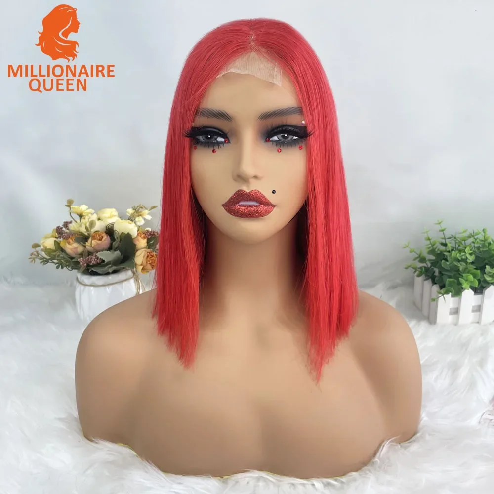 

2X6 Lace Closure Deep Part Short Bob Wigs Human Hair 250% Red Straight Super Double Drawn Transparent Lace Closure Wig for Women