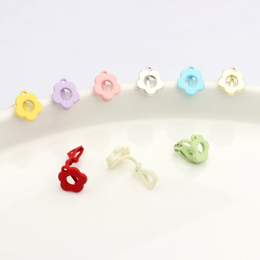 Zinc Alloy Spray Paint Flower Shape Ear Clips Without Holes Base Earrings Connector 6pcs For Fashion Earrings Making Accessories