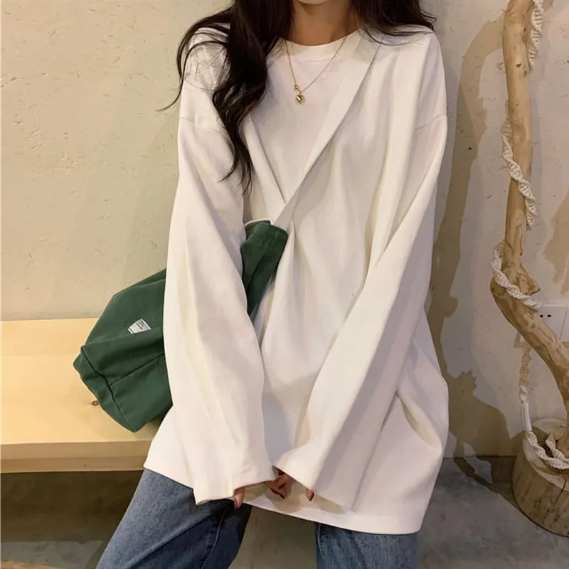 Spring Long Sleeved Round Neck Solid Color T-shirt Women Hong Kong Flavor Loose White Simplicity Plain Version All-match Tops