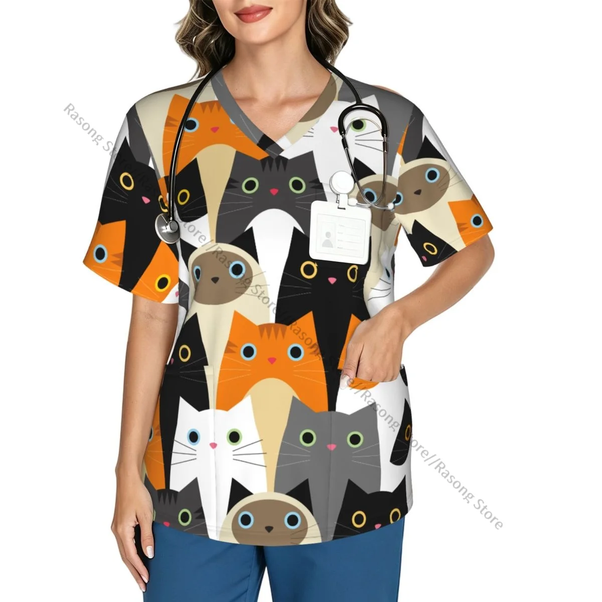Women's Medical Scrub Top V Neck Short Sleeve Cute Cats Print Stretch Nursing Uniform for Hospital Clinic