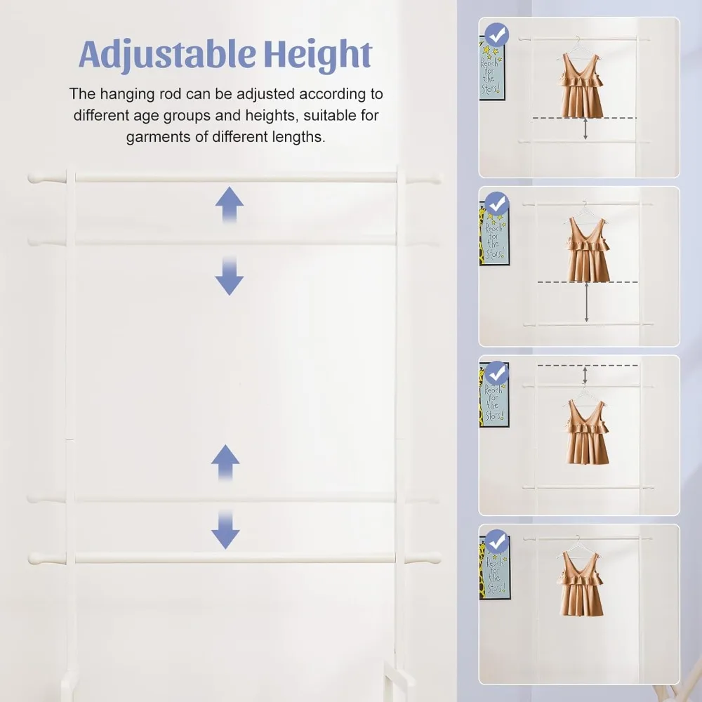 رف ملابس للأطفال مصنوع من الخيزران مع سلتين للتخزين وقضبان تعليق قابلة للتعديل، وحامل ملابس للأطفال مع رف، وحامل تلبيس f #2
