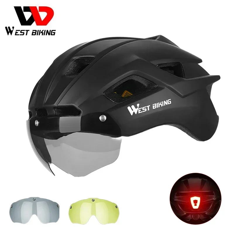 WEST BIKING Bicycle Helmet With Tail Light MTB Cycling Men Women Goggles Helmet Road Bike Integrally-molded Equipment Safety Hat