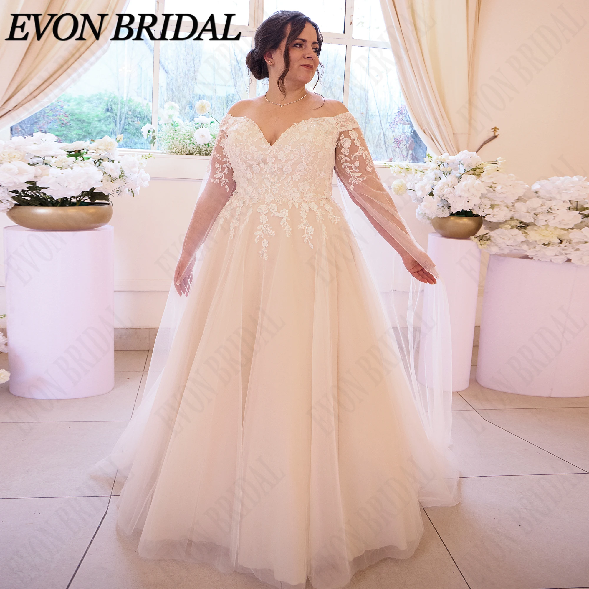 EVON BRIDAL Plus Size Detachable Sleeves Wedding Dress Lace Appliques Bride Dresses Sweetheart Tulle Bridal Gown Customized