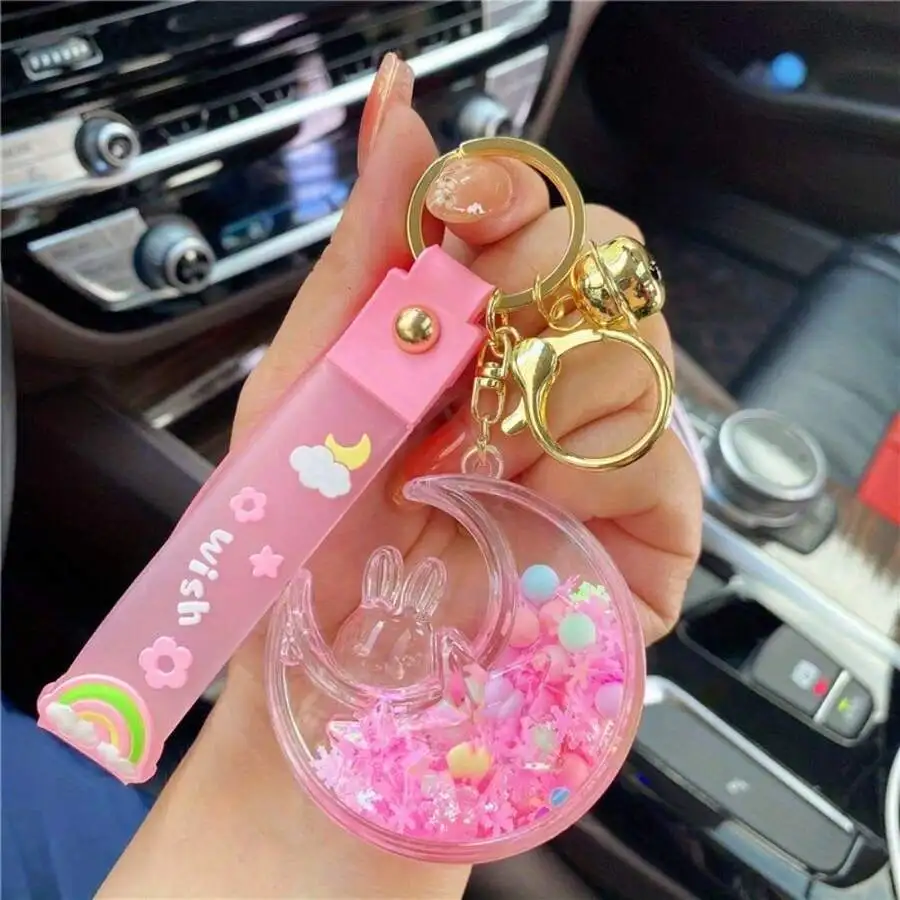 

Glowing Moon Rabbit Keychain Pendant Acrylic Flowing Sand Decor For Bag Car Womens Accessory Pink Purple
