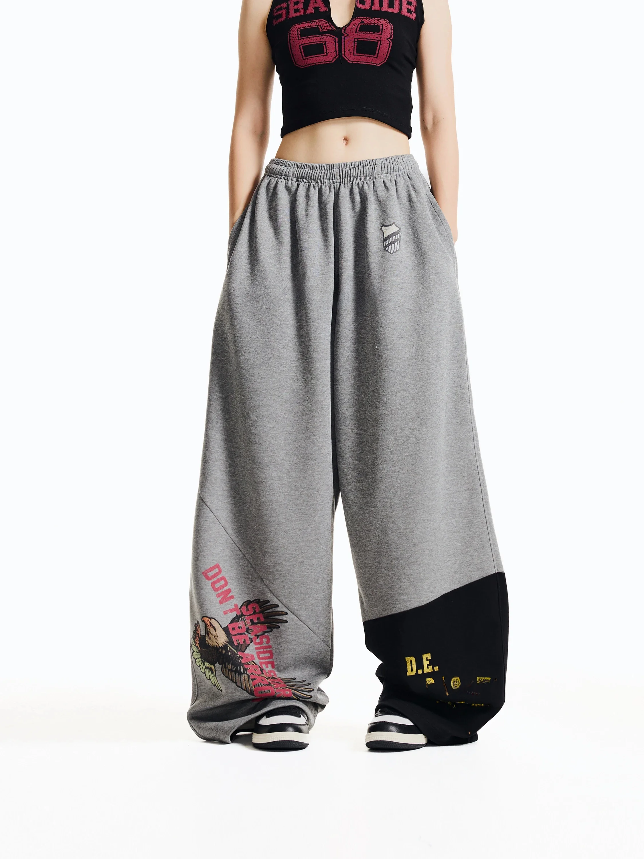 American Street Style Printed Patchwork Wide Leg Pants Women Loose Straight Casual Trousers High Waist Cotton Polyester Blend