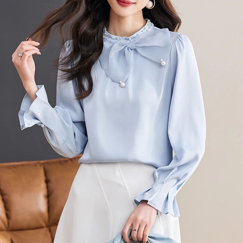 

QOERLIN Light Blue Blouse Women Korean Chic Nailed Bead Bow Solid Color Chiffon Shirts FemaleTemperament Casual Long Sleeve Tops