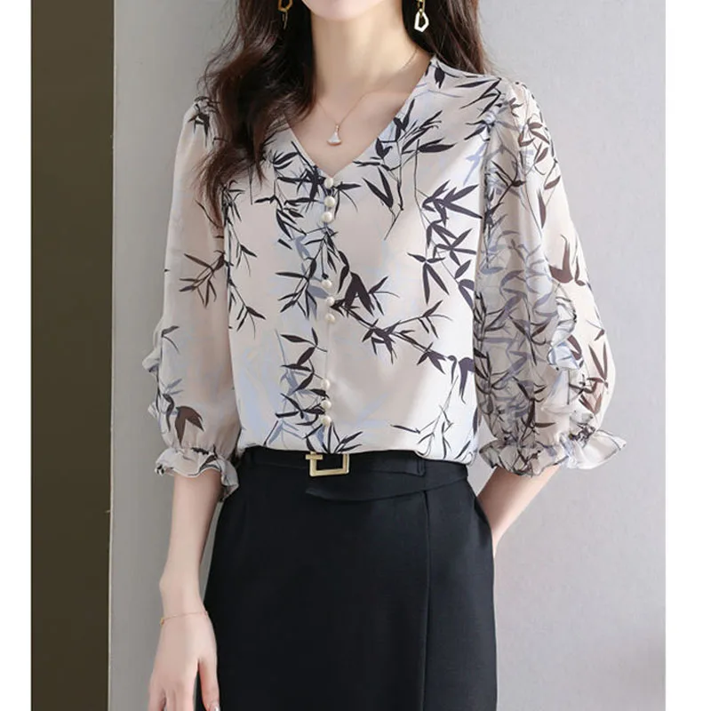 Blusa feminina estampada com decote em V, camisa manga 3/4, roupa feminina, miúdo solto, emendado, trajeto, moda, verão