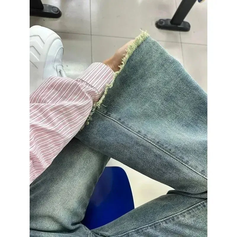 High Waist Bell Bot Jeans Women's Elastic Micro Flared Denim Pants Summer New plus Size Big MM Design Sense Frayed Hem