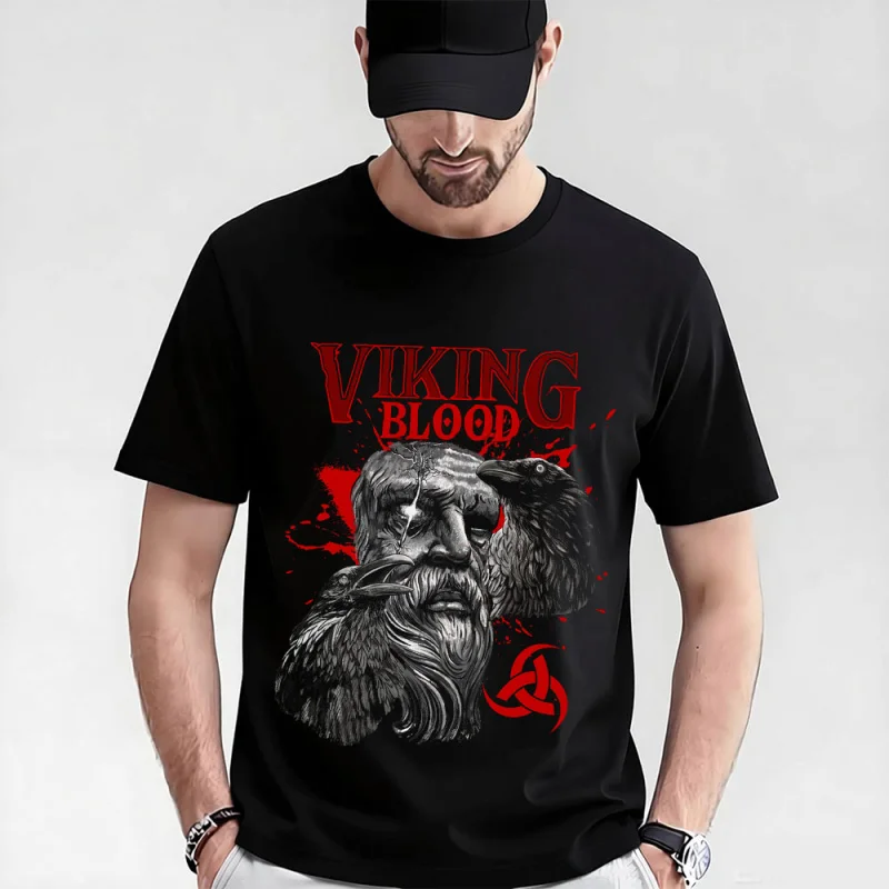

Retro Viking Blood Classic T-Shirt Odin and raven the Viking culture Graphic clothes 100% cotton printed tee All size tops S-6XL