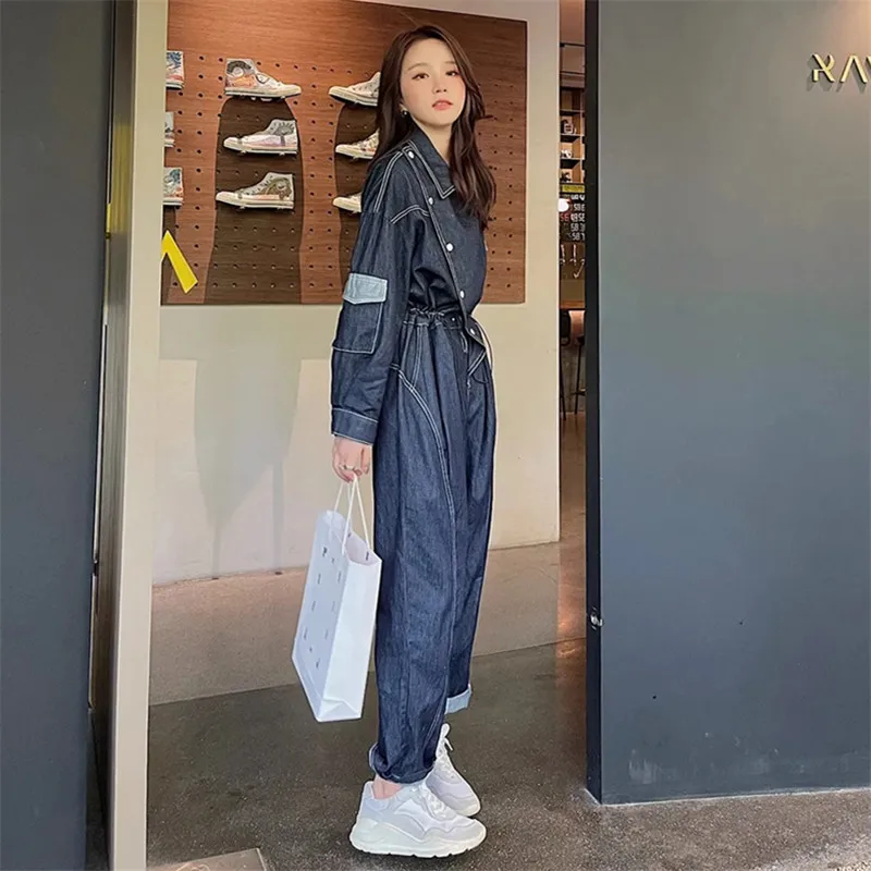 2025 ฤดูใบไม้ผลิฤดูใบไม้ร่วงใหม่ DENIM Jumpsuit ผู้หญิงลําลองหลวมเอวแสดง Slim Workwear แขนยาว Overalls ยาวกางเกงกางเกงยีนส์