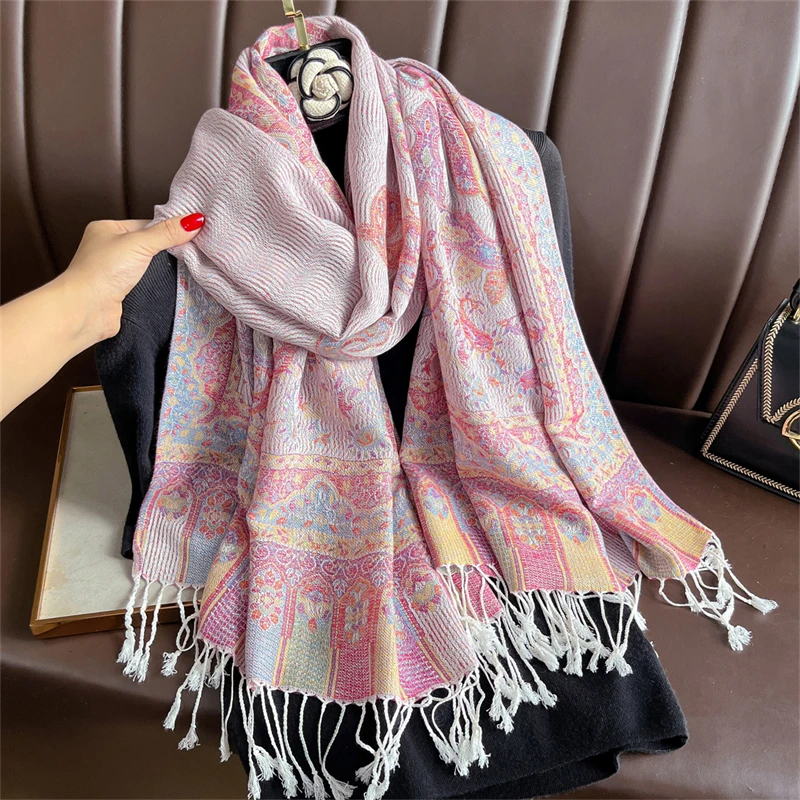 Luxury Embroidery Cashmere Winter Scarves Women Pareo Cape Warm Muslim Modal Hijabs Shawl Chunky Headscarf Ladies Elegant Poncho view 4