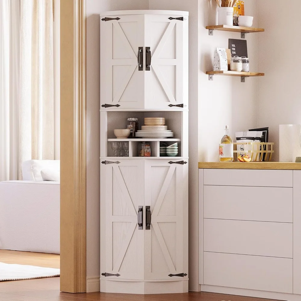 

Tall Corner Cabinet with 3 Wine Racks, Farmhouse Storage Cabinet with 4 Doors and Adjustable Shelves, Barn Door Design, Corner