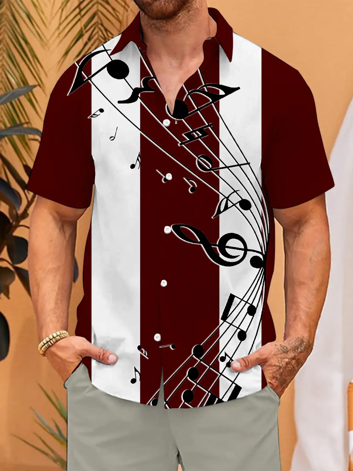 

Men's Retro Music Note Print Shirt Red White Striped Casual Short Sleeve Button Up Hawaiian Shirt for Music Lovers