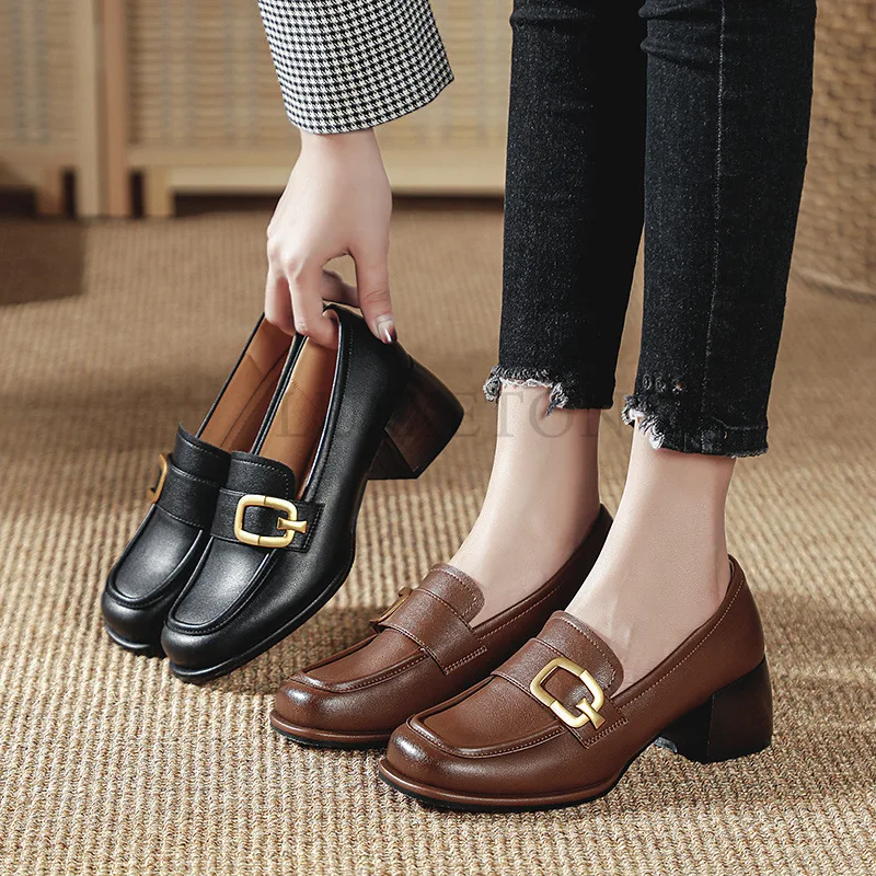 Shoes Female Heels Women British Style New Thick-soled College Style Casual Loafers Black Leather Fashion Shoes Girls Heels