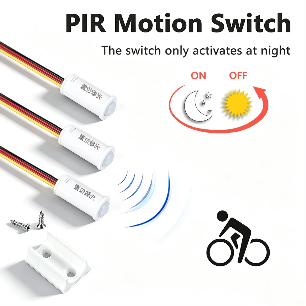 3,7V-24V Mini-PIR-Bewegungssensor-Schalter mit Lichtsensor, automatische Tag-/Nacht-Erkennung für LED-Streifenbeleuchtung, Nachttisch- und Kleiderschrankbeleuchtung
