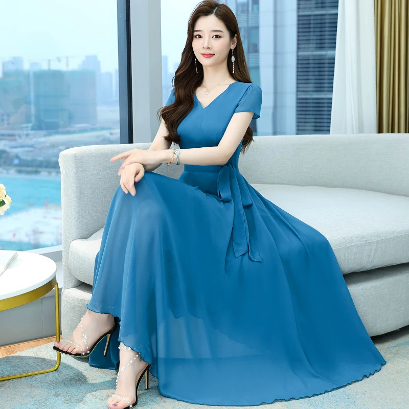 8 Colors Summer New Chiffon Midi Elegant Dress 2024 Vintage Short Sleeve  Casual Beach Sundress Women Bodycon Party Maxi Vestidos