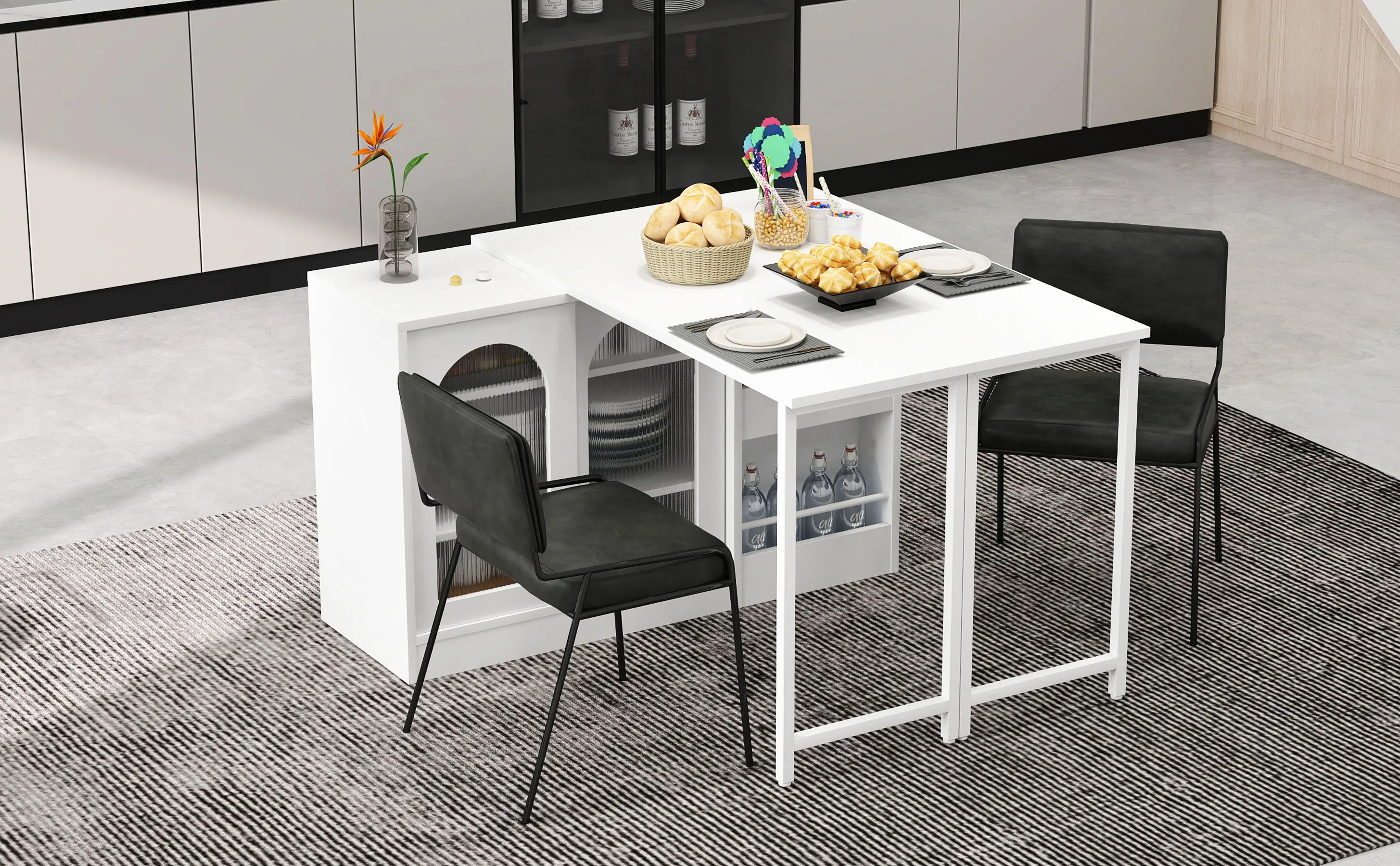 Moderner Bartisch, ausziehbar 360° ° Drehbarer Bartisch mit Stauraum, umkehrbarer Tisch, Sideboard-Bar mit Glastür – Detail 1