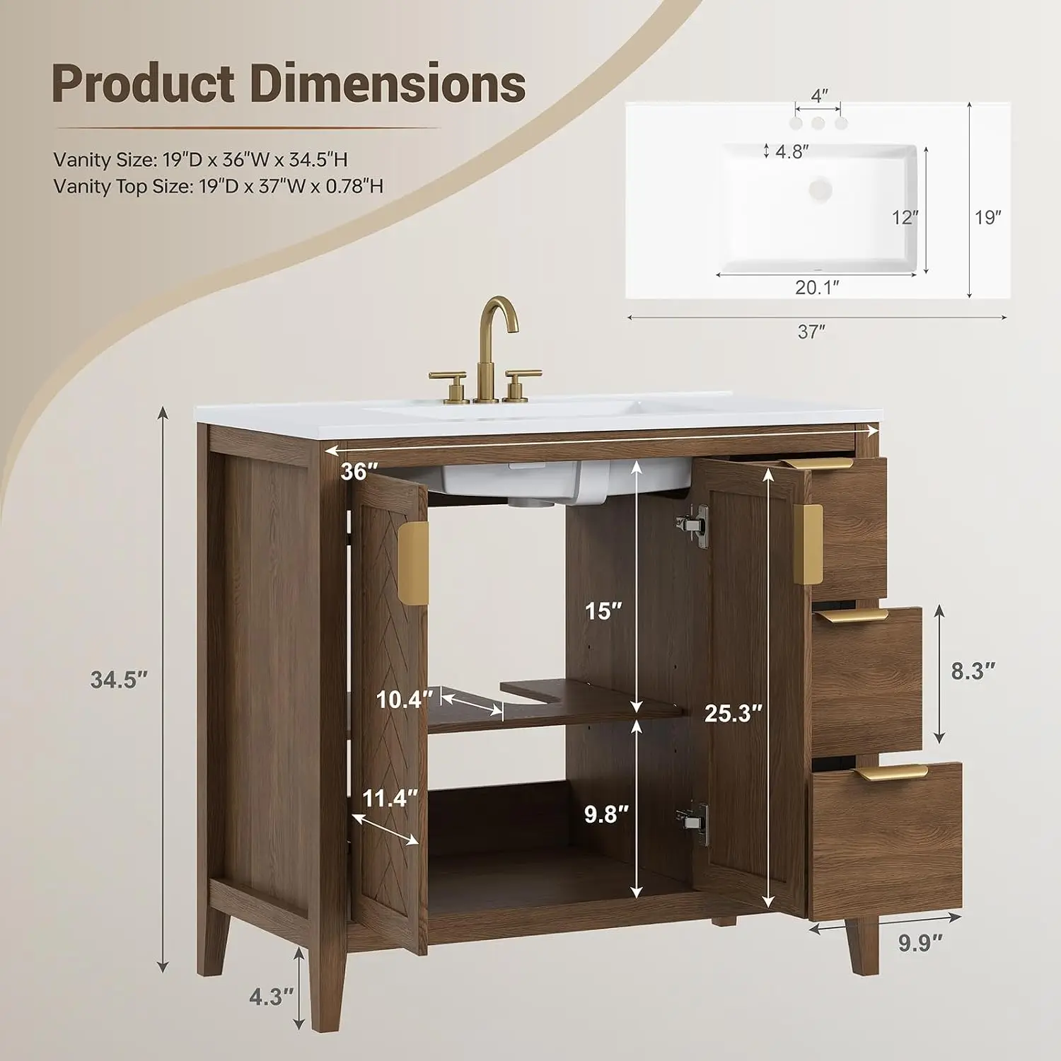 36 Inch Modern Bathroom Vanity with Sink, Brown, Customized