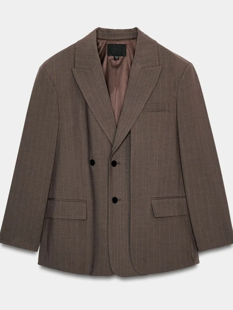 

2025 Winter New Arrival Women's Loose Fit Striped Double Layer Fabric Suit Jaet Commute Sle Faion Polyester Fiber