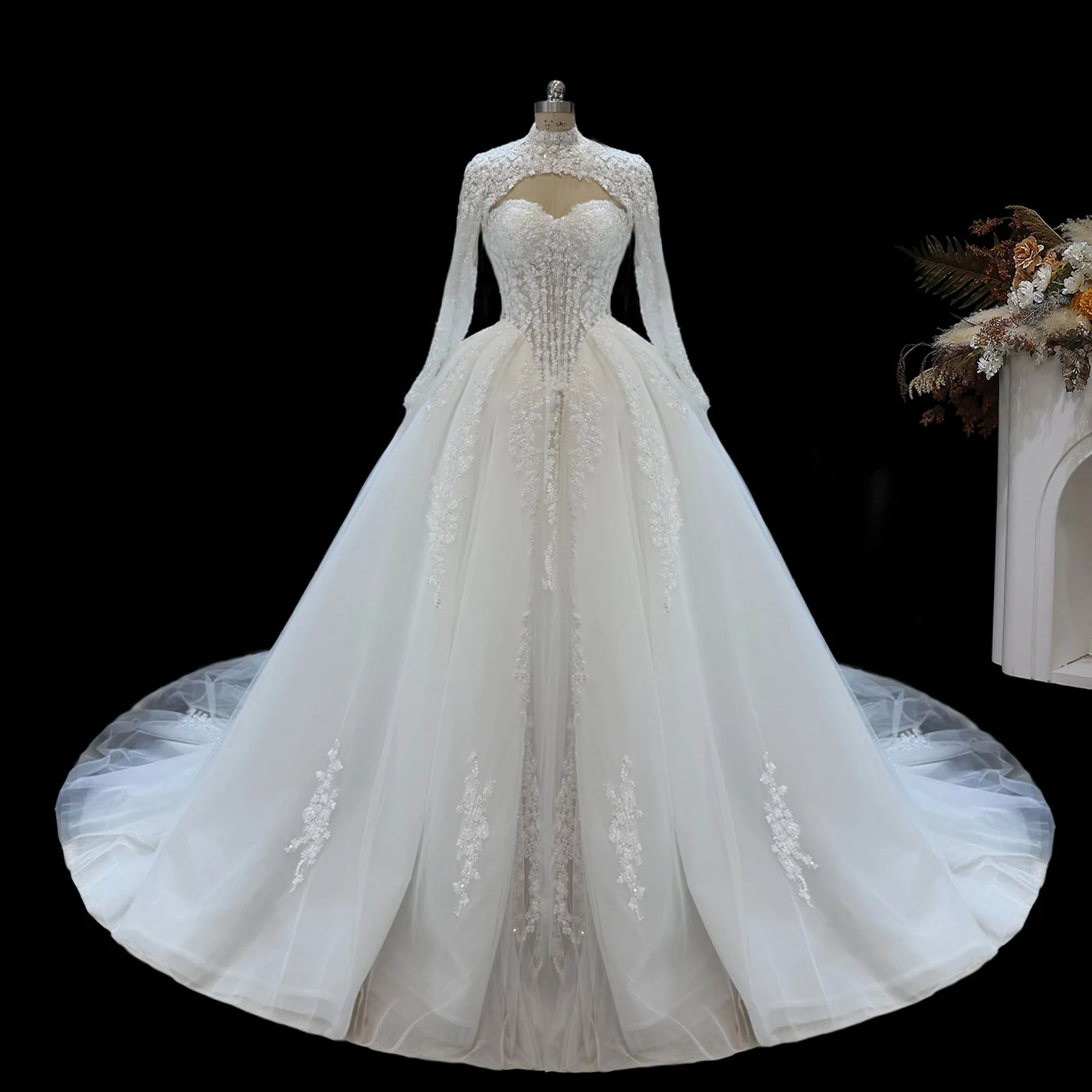 Sharon Said Luxury White Ball Gown Wedding Dress High Neck Long Sleeve 3D Floral Lace Beaded Applique Bridal Gowns SW680 Custom