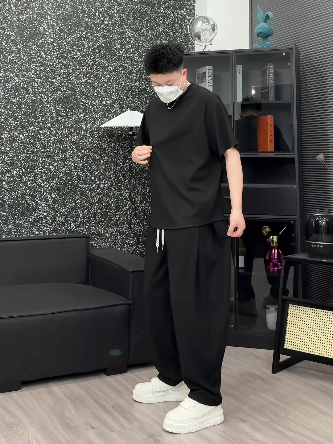 

Summer Faion Couple Set Ice Sensation Loose ort Sve Men's Casual Straight Leg Pants T-irt Long Pants Youth Sle