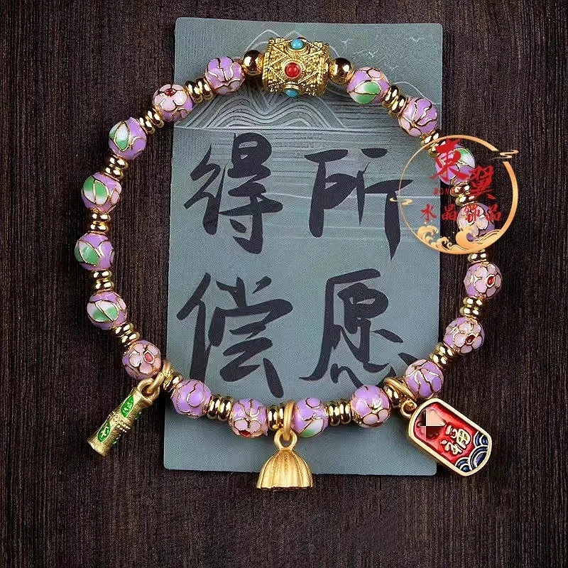 Color púrpura Cloisonné bambú Lotus Pod colgante de la fortuna cuenta de la suerte pulsera de mujer fragante ceniza porcelana vidrio hoja de oro suerte