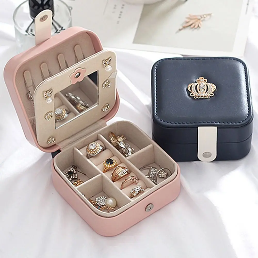 

Practical PU Jewelry Storage Box Dustproof Pink Trinkets Storage Organizer with Mirror Large Capacity Jewelry Display Case Women