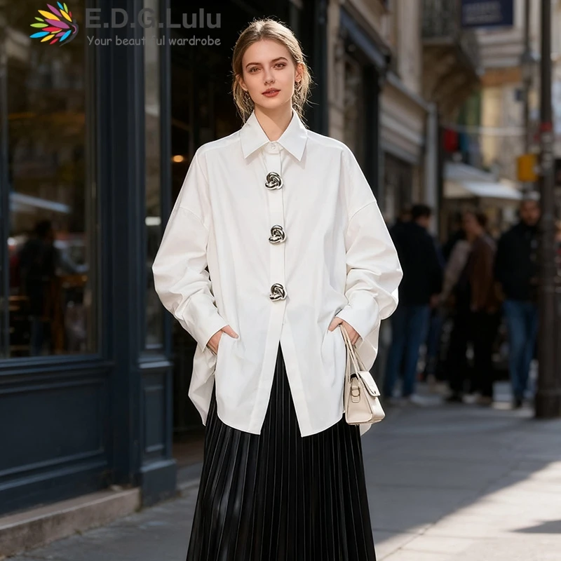 

EDGLuLu корейская модная однобортная свободная блузка женская офисная женская белая футболка с отложным воротником и длинными рукавами блузка 1013