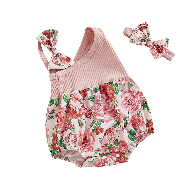 

Baby Girl Summer Clothes One Shoulder Ribbed Bubble Romper Floral Butterfly Bodysuit Jumpsuit with Headband Outfits