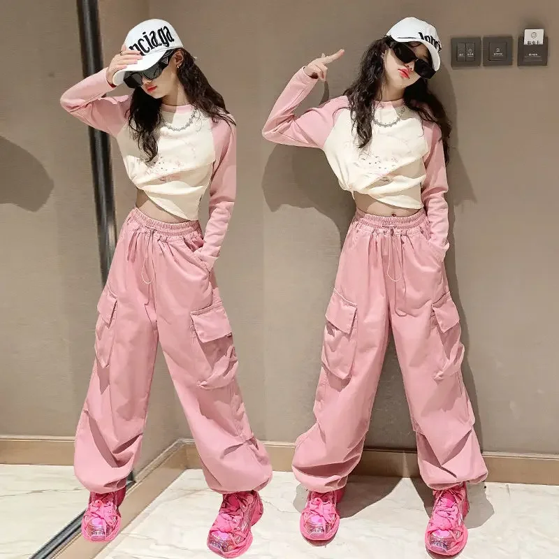 

Kids Hip Hop Joggers Pants Girls Cargo Pants Teenage Straight Trousers High Waist Vintage Casual Streetwear Baggy Pants 5-14Y