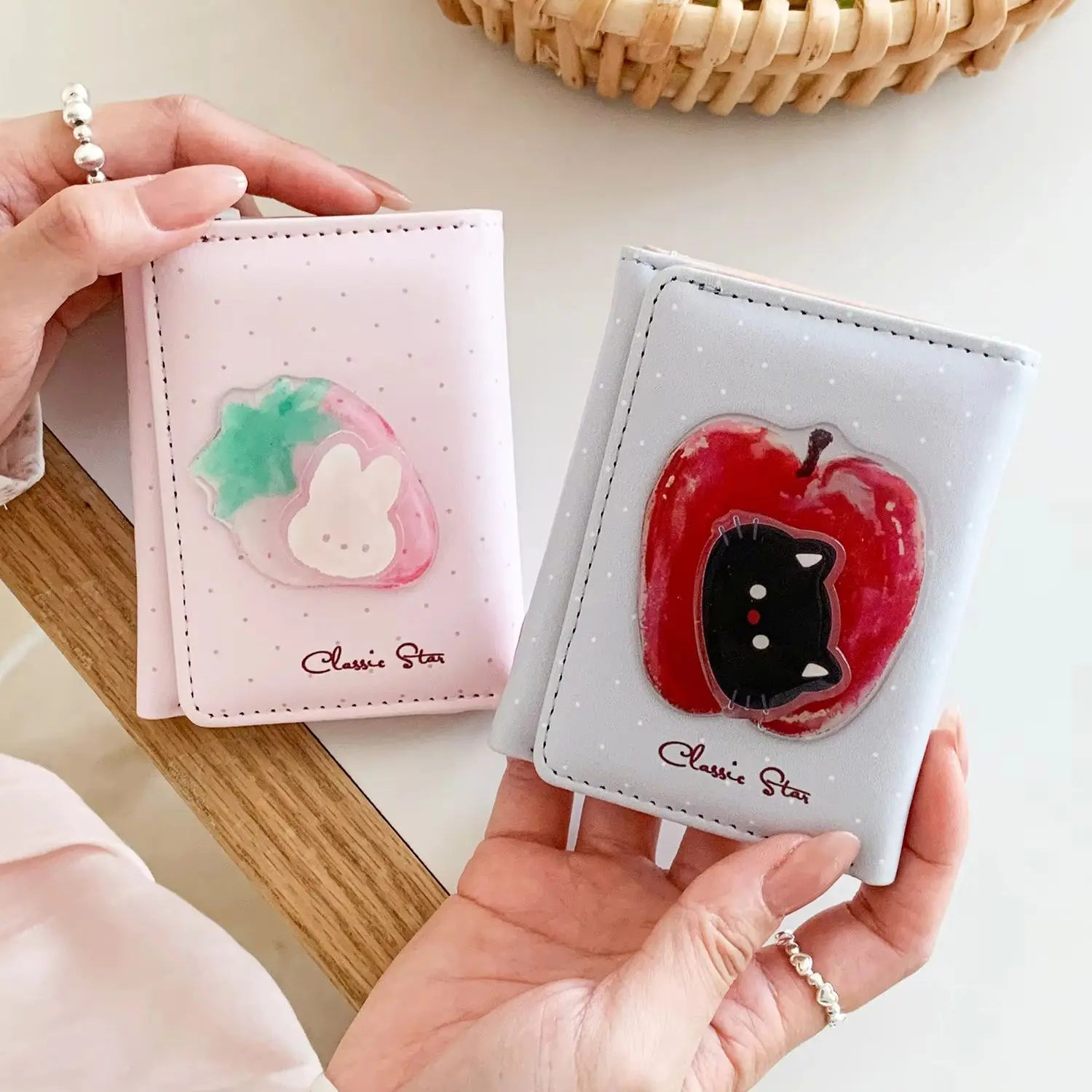 Korean Style Women's Short Wallet Cartoon Fruit Print Three Fold Card Holder Polyester PU Material Zipper Closure