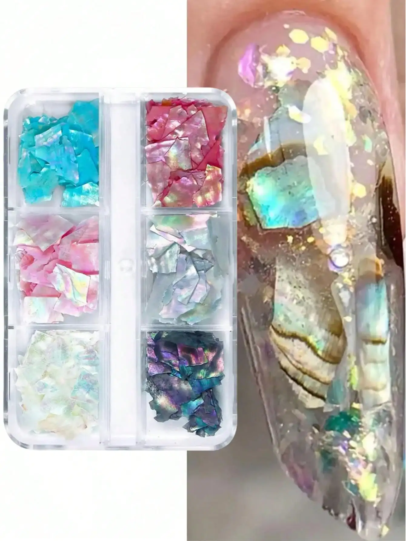 

1 Box Mermaid Aurora Abalone Shell Slices Nail Art Supplies, 3D Asymmetric Seashell Slice Nail Jewelry, Holographic Shell Glitter Nail Art Accessories Nails
