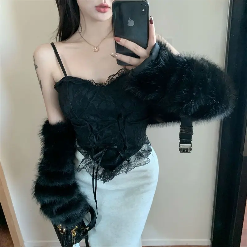 2025 New Casual Y2k Sexy Crop Tops Women's Corset Lace Bandage T-shirts Camisole Woman Sling Tank Top Fashion Sleeveless Tees