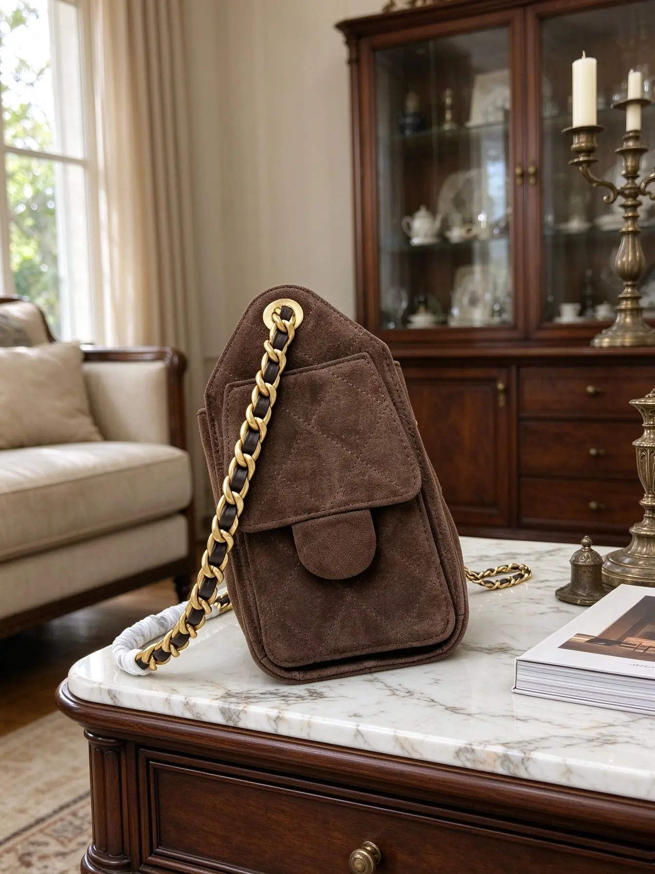 Dark Brown Suede Drawstring Bucket Bag Women Vintage Leather Woven Gold Chain Shoulder Handbag