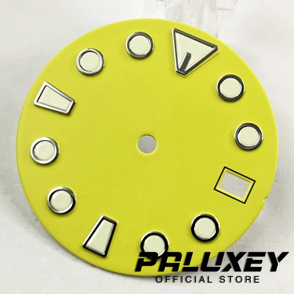 NH35 레드 옐로우 블랙 시계 다이얼, 녹색 야광 시계 페이스, NH35A 4R35 무브먼트 핏, 3 시 시계, 3.8O 시계 케이스 크라운, 28.5mm