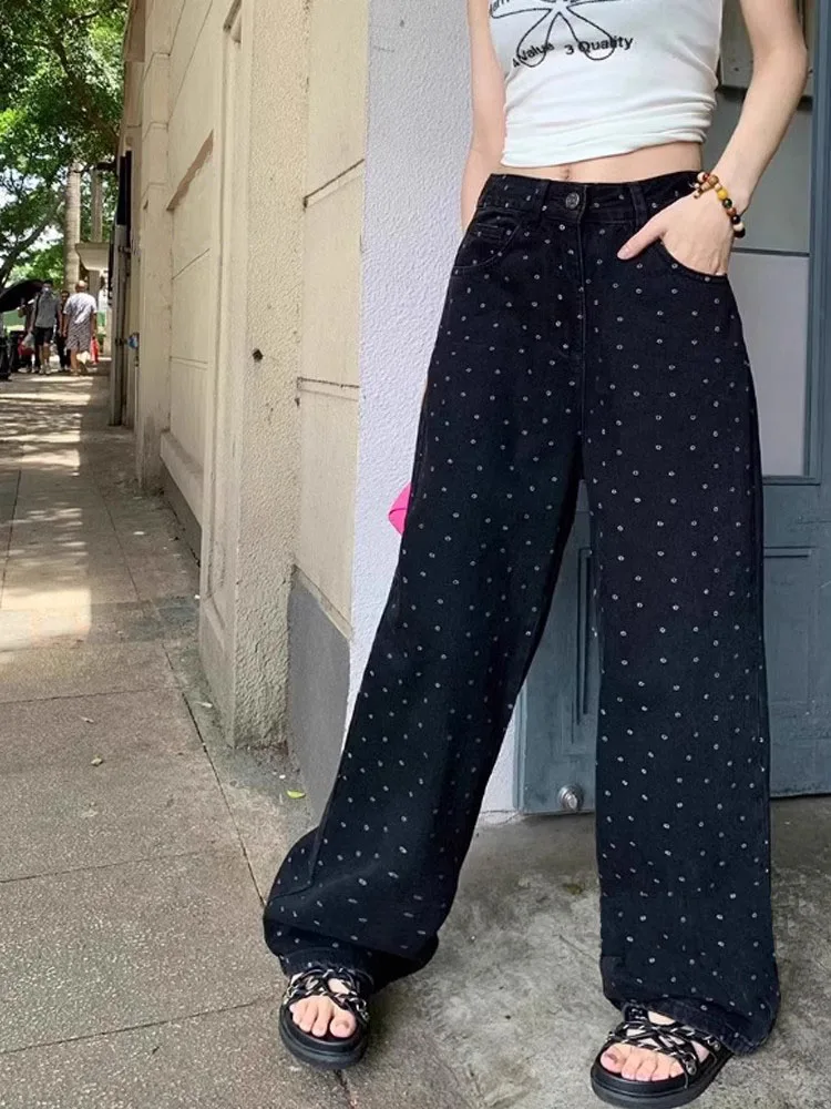 QWEEK Y2k Black Polka Dot Jeans Women Vintage High Waist Loose Wide Leg Pants Korean Streetwear Fashion Casual Straight Trousers