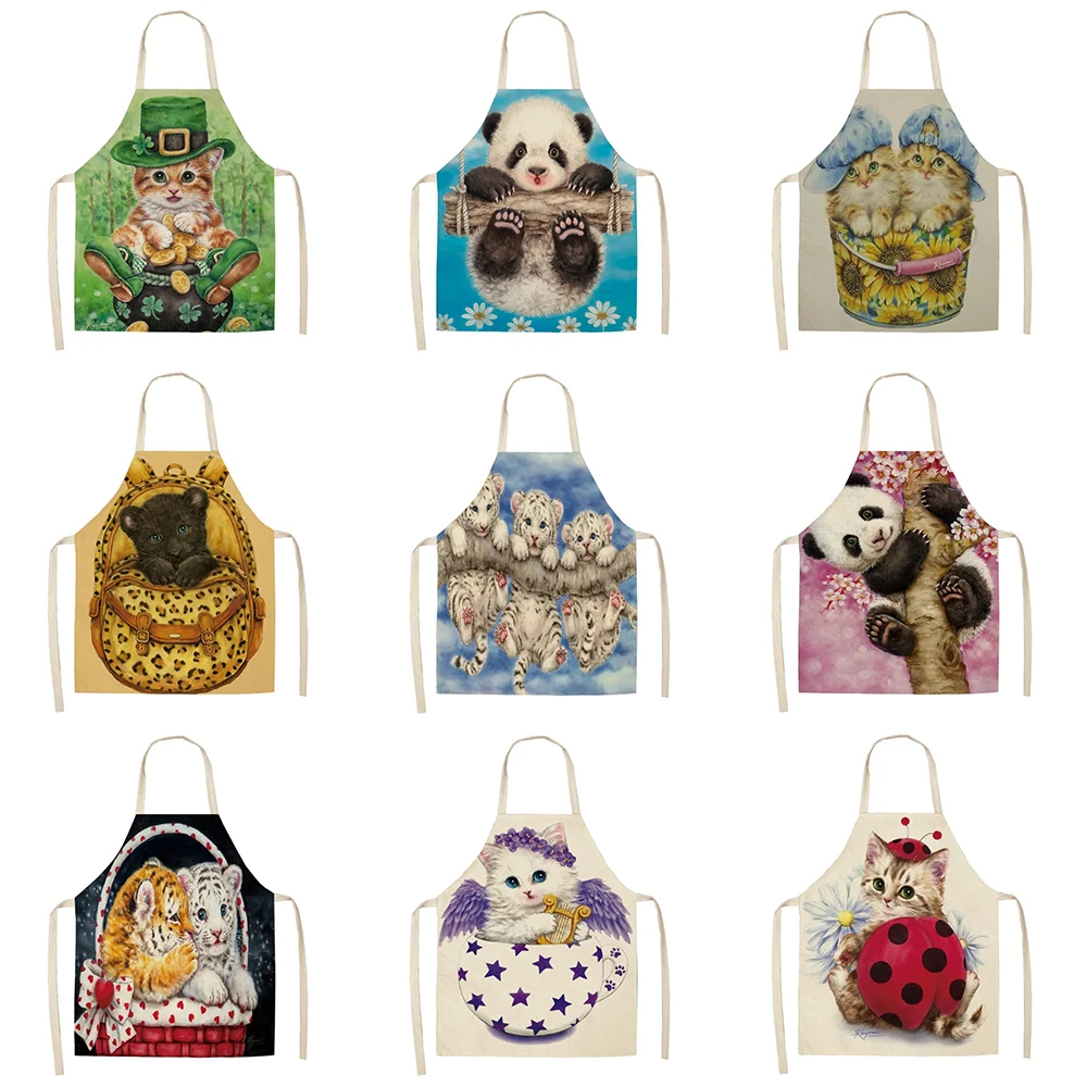 New Panda Pattern Women's Kitchen Sleeveless Linen Apron Home Cooking Baking Bib Cleaning and Anti-fouling