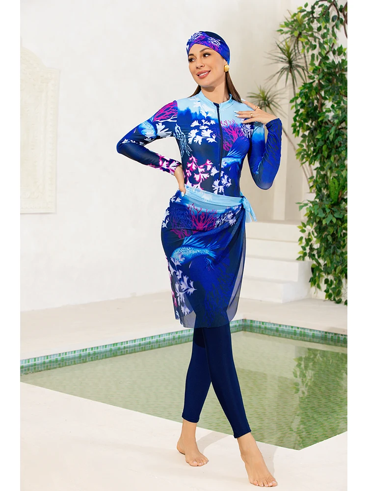 

4PCS/set Muslim fashionable covering long-sleeved swimsuit fashionable vacation light and transparent floral pattern