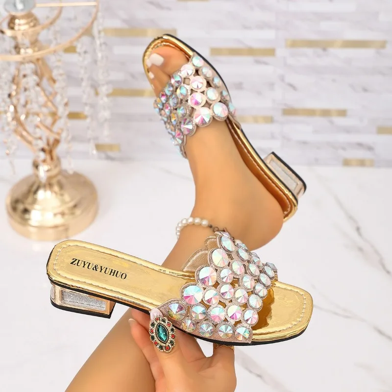 2026 New Fashion Mixed Color Gem Diamonds Women Strange Transparent Heels Slipper Summer Sandal Sexy Square Toe Dress Shoe