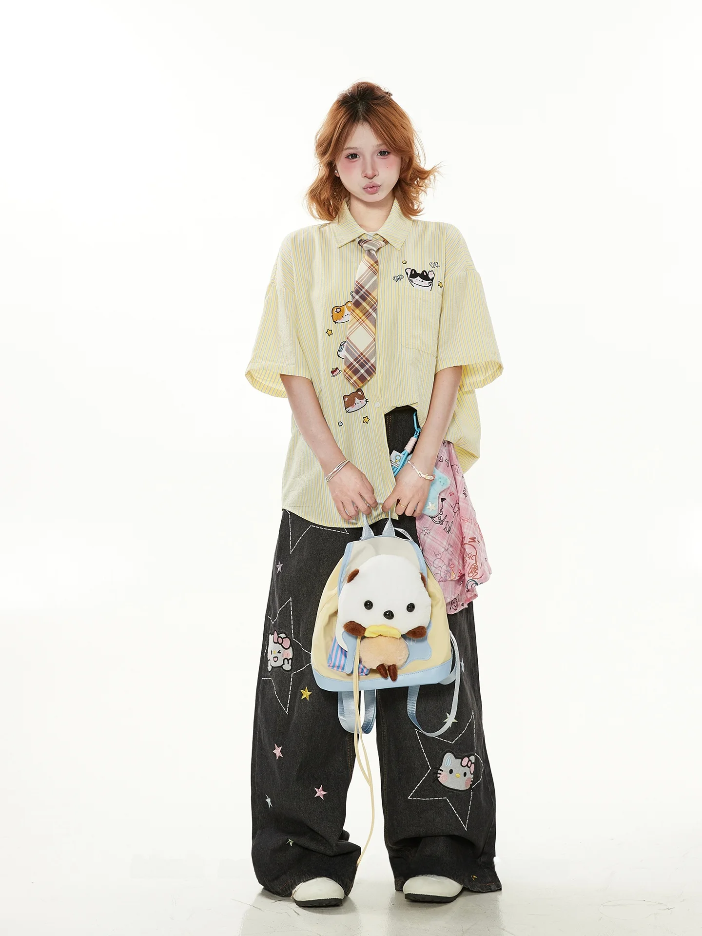 

Милая летняя женская рубашка свободного кроя с вышивкой и полосками, с коротким рукавом, в повседневном стиле, с воротником-стойкой и завязками