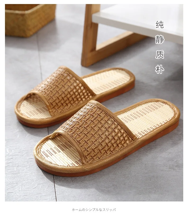 Sommerhausschuhe aus Bambus und Rattan für Damen/Herren – atmungsaktive Paar-Sandalen, rutschfeste Innenrutschen mit weicher Sohle für Zuhause/Strand – Detail 1