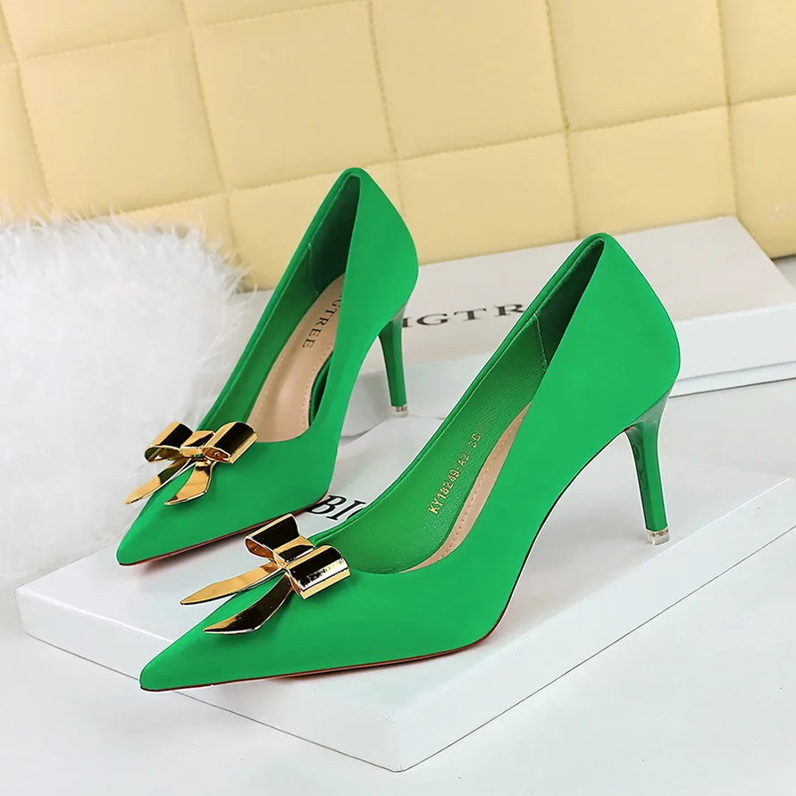 

Women Pumps Korean Style Fashionable Banquet Women's With Thin High Heels Silk Shallow Mouth Pointed Metal Single Ladies Shoes