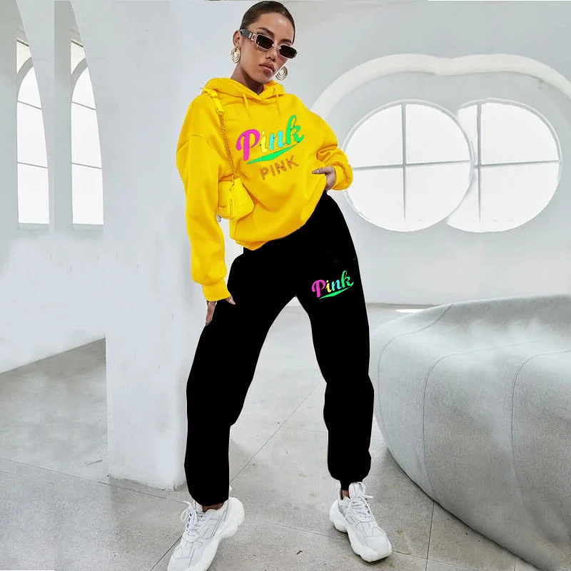 2 Piece Set Women Outfit PINK Letter Print High Neck Hoodies Sweatshirt Pants Tracksuit Streetwear New Sweatshirt +Joggers Pants