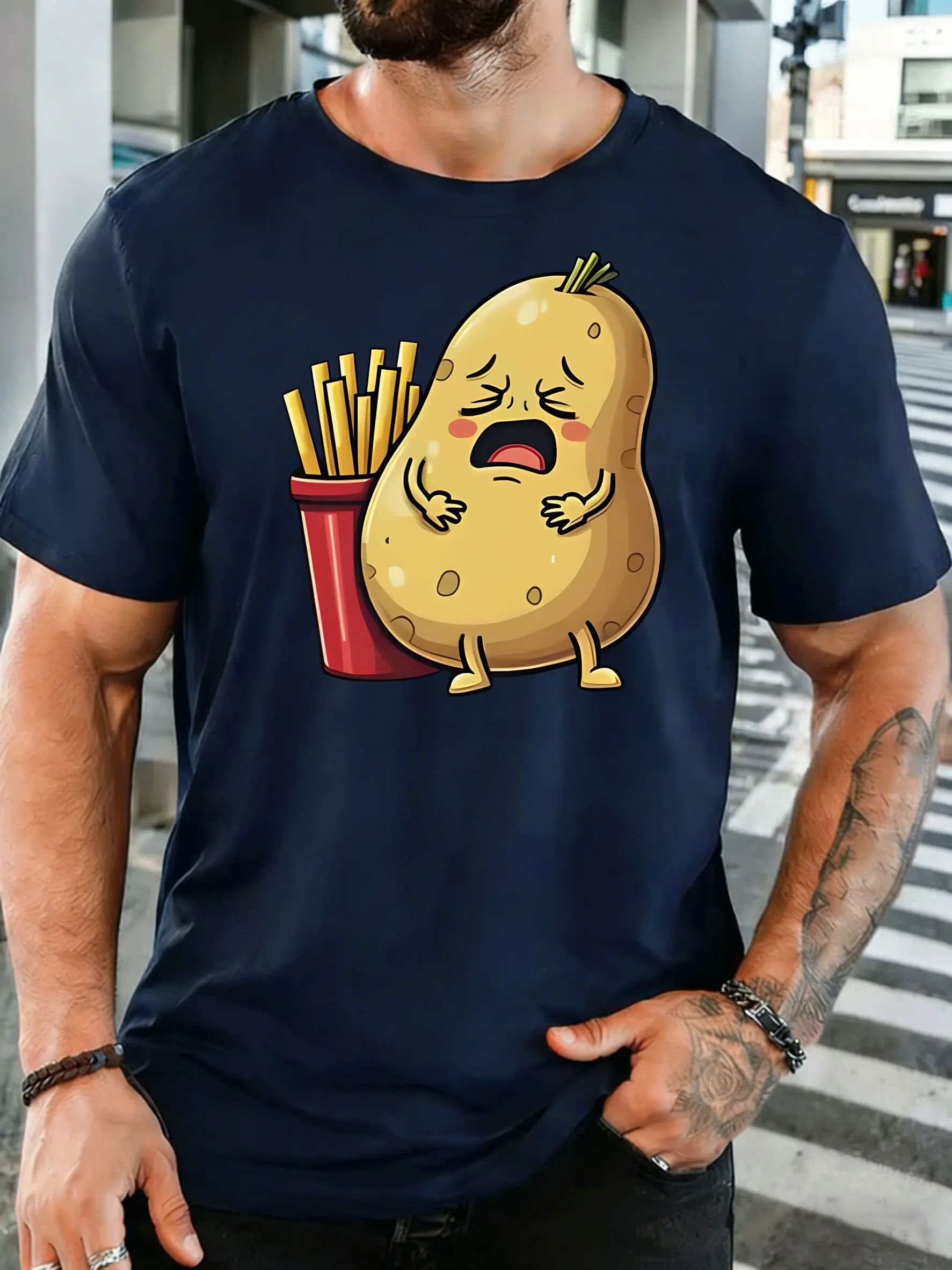 Crying Cartoon Potato With French Fries Mens Front Print T Shirt Funny Food Graphic Tee Casual Short Sleeve Top Snack Lover Gift