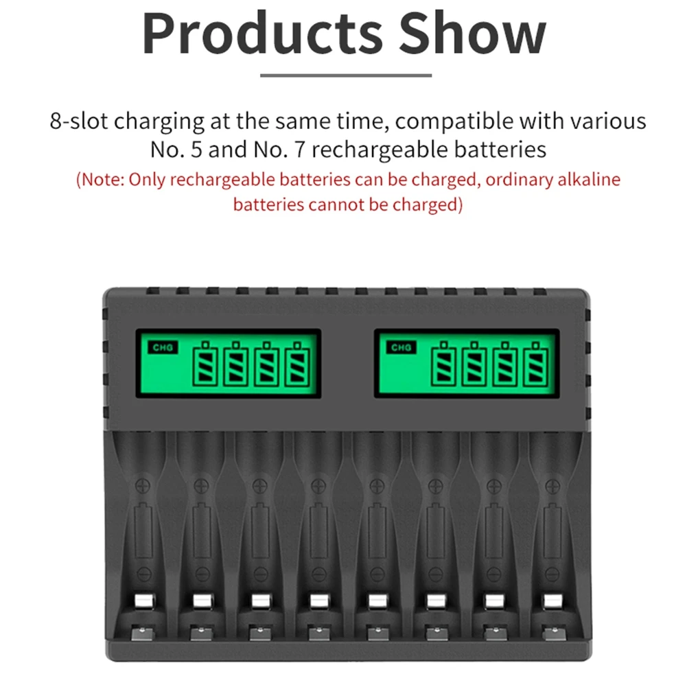 Battery Charger LCD Display Smart Intelligent 8-Slot Chargers for AA/AAA NiCd NiMh Rechargeable Batteries AA AAA Charger