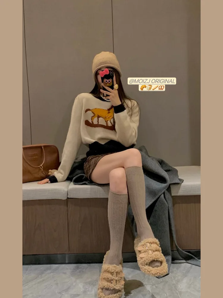 

Loose Women's Knitted Rabbit Velvet Sweater round Ne Cartoon Print Casual Versatile Long Sve Top Soft Comfortable Korean...