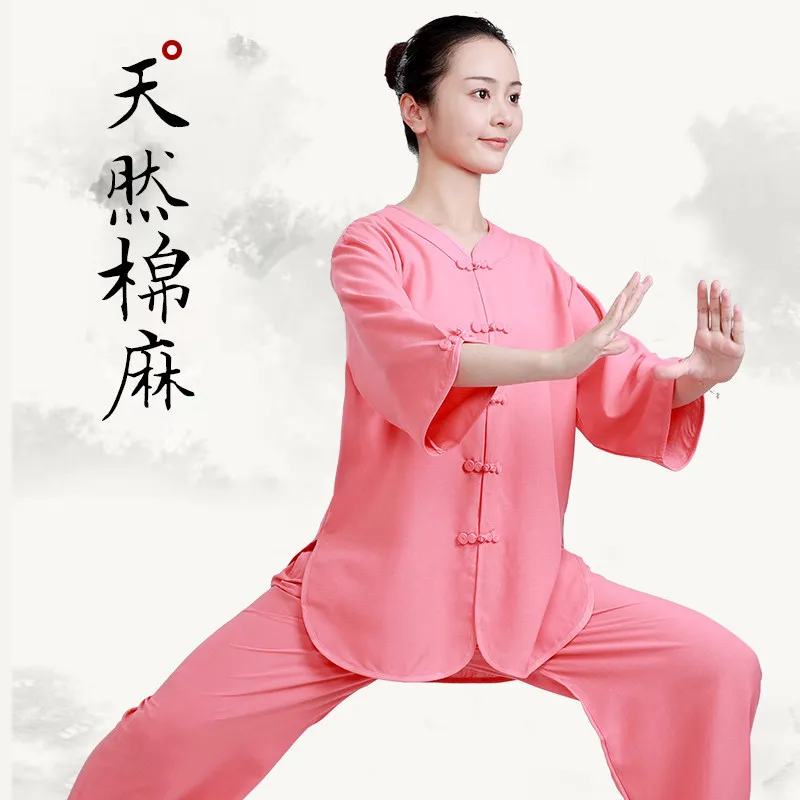 Martial Arts Tai Ji Suit Women's New Summer High-End Cotton Linen Exercise Clothing Short Sleeve Eight-Section Brocade